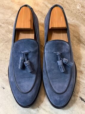ISAIA NAPOLI SUEDE TASSEL LOAFERS US 9 / UK 8 / EU 42 $1300 BLUE MOCCASINS
